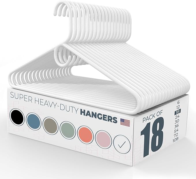 Super Heavy Duty Clothes Hangers 18 Pack – Made in the USA - 10lb Capacity, Thick Plastic Hangers for Pants, Coats, Jackets, Jeans and Adult Clothing – White