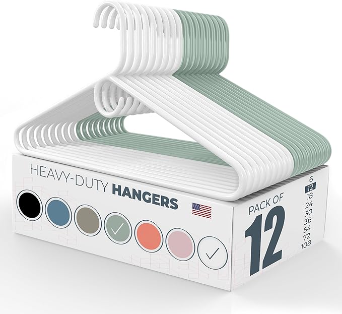 Heavy Duty Clothes Hangers 12 Pack – Made in the USA – 8lb Capacity Plastic Hangers for Adult Clothing – Durable for Pants, Coats, Jackets, or Jeans – White & Mint