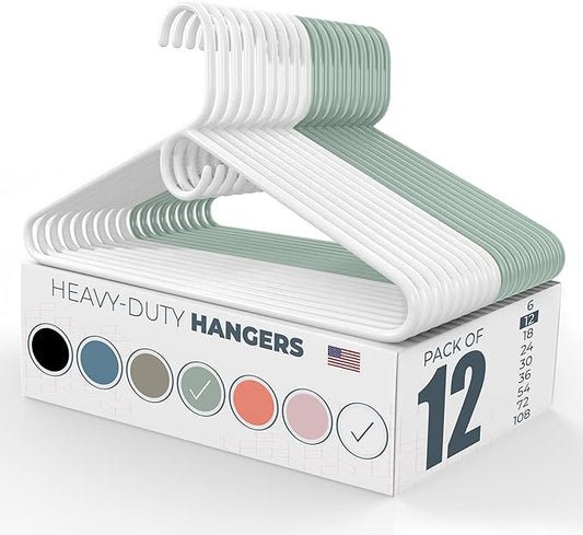 Heavy Duty Clothes Hangers 12 Pack – Made in the USA – 8lb Capacity Plastic Hangers for Adult Clothing – Durable for Pants, Coats, Jackets, or Jeans – White & Mint