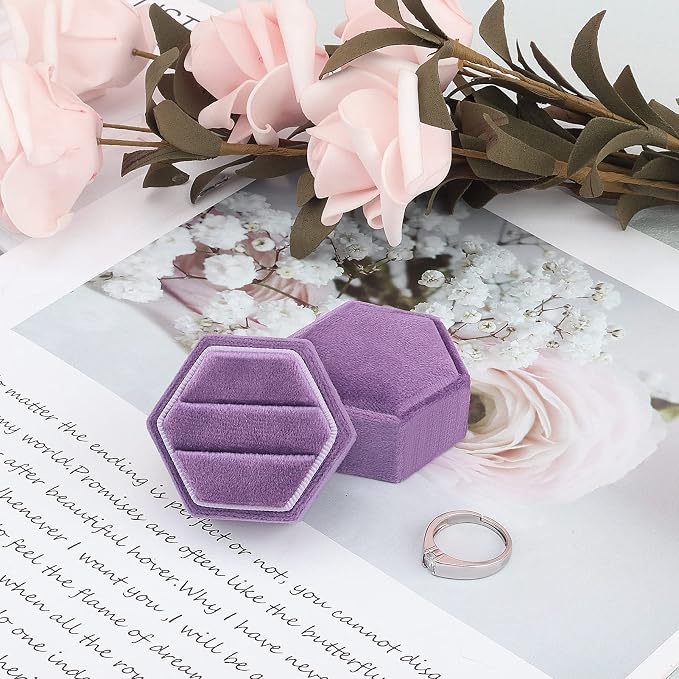 DesignSter Hexagon Velvet Ring Bearer Box - Premium Gorgeous Vintage Double Ring Display Holder with Detachable Lid for Proposal, Engagement, Wedding, Ceremony (Lavender purple)