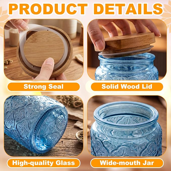 LemonRoad 2 Pcs Vintage Blue Glass Storage Jars 23.7 oz Mason Jar Canister with Wood Lids Food Storage Container for Cookie, Pantry, Candy Kitchen, Coffee, Tea, Flour, Sugar, Decorative Home Decor