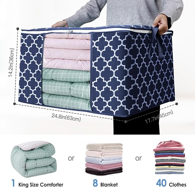 WISELIFE Storage Bags, Large Blanket Clothes Organization and Storage Containers for Bedding, Comforters, Foldable Organizer with Reinforced Handle, Clear Window,Sturdy Zippers,(Blue, 2 x 100L)