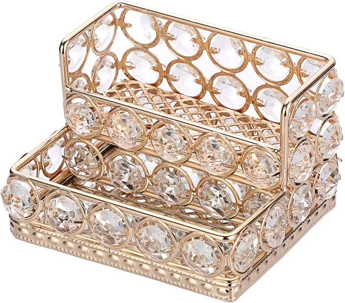 Hipiwe 2 Tiers Crystal Business Card Holder Gold Mirrored Cards Organizer | Business Cards Display Stand Desktop Name Card Storage Holder for Office Countertop
