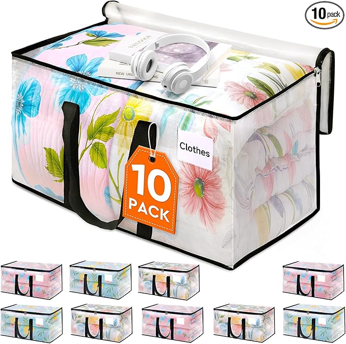 HomeHacks Clear Moving Bags Heavy Duty 10 Pack, Storage Bags with Zipper, Extra Thick Handles & Waterproof Packing Boxes for Moving, Camping, Home Organization 76L/20Gal (28.7"x11.8"x13.8")