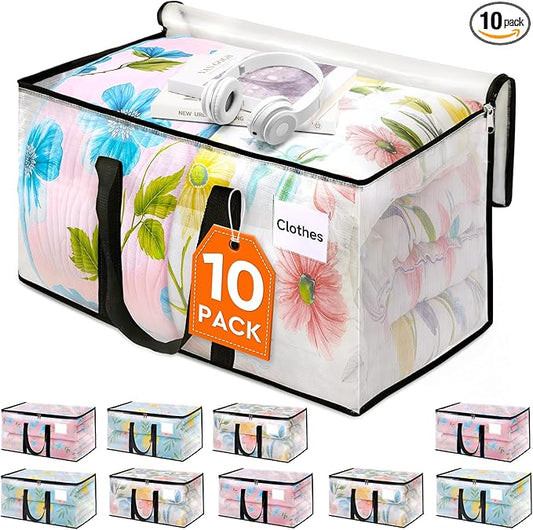 HomeHacks Clear Moving Bags Heavy Duty 10 Pack, Storage Bags with Zipper, Extra Thick Handles & Waterproof Packing Boxes for Moving, Camping, Home Organization 76L/20Gal (28.7"x11.8"x13.8")