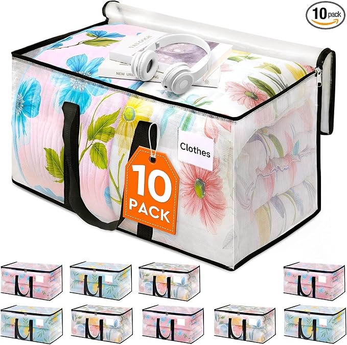 HomeHacks Clear Moving Bags Heavy Duty 10 Pack, Storage Bags with Zipper, Extra Thick Handles & Waterproof Packing Boxes for Moving, Camping, Home Organization 93L/24Gal (28.7"x14.2"x14")
