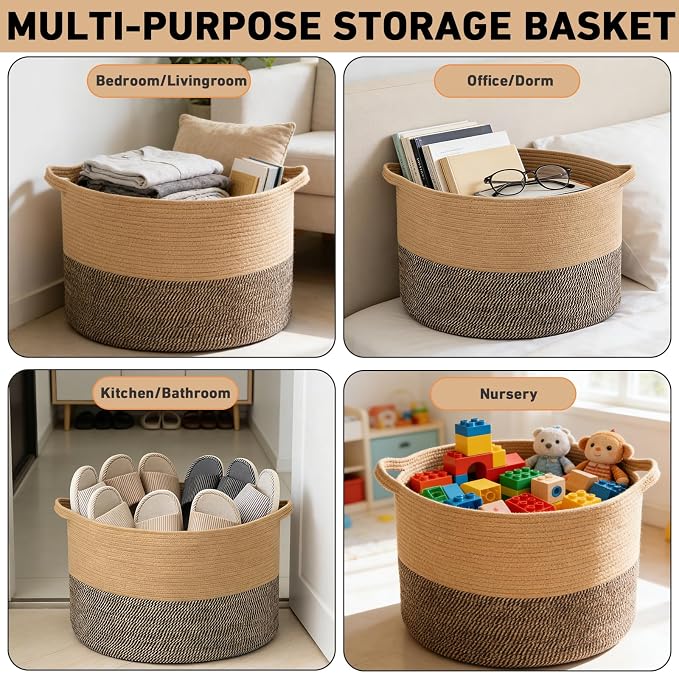 90L Extra Large Blanket Basket,Woven Rope Laundry Basket Hamper with Handles, Decorative Nursery Basket Storage Bin for Toys, Clothes Organizer, Living Room, Bedroom, Bathroom, Jute&Black
