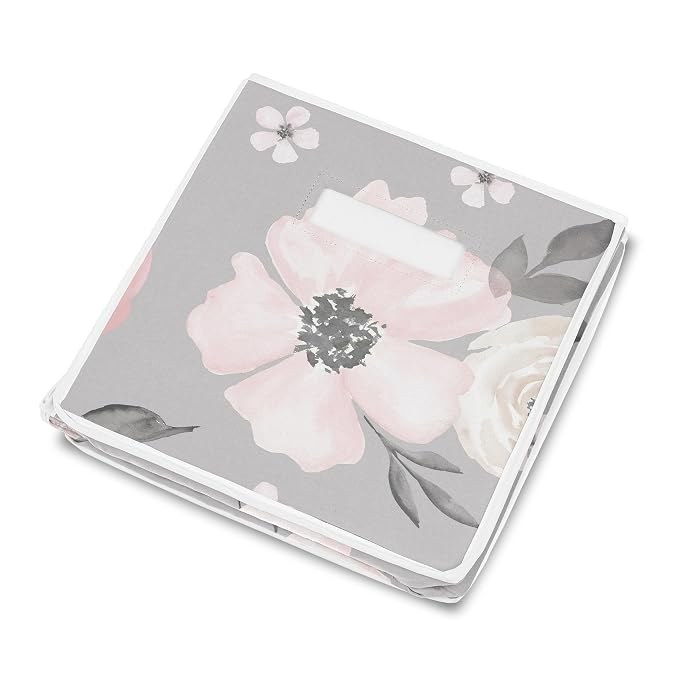Sweet Jojo Designs Grey Watercolor Floral Girl Small Fabric Toy Bin Storage Box Chest For Baby Nursery or Kids Room - Blush Pink Gray and White Shabby Chic Rose Flower Farmhouse
