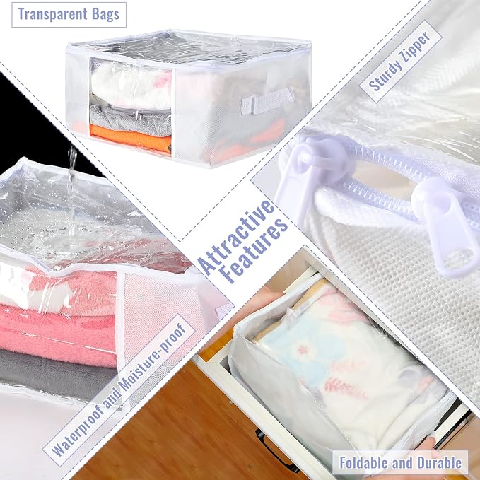 Sadnyy 6 Pcs Clear Storage Bags with Zippers Foldable Clothes Containers Case Plastic Organizer Large Sweater Storage Bins with Handles for Fabric Blanket Cloth Bedding(16 x 12 x 8 Inch,White)