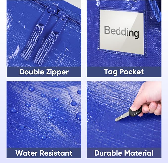 TICONN 2 Pack Extra Large Moving Bags Heavy Duty with Zippers & Carrying Handles, Durable Storage Bags Moving Boxes for Closet Organizers and Storage (2 Pack, Blue)