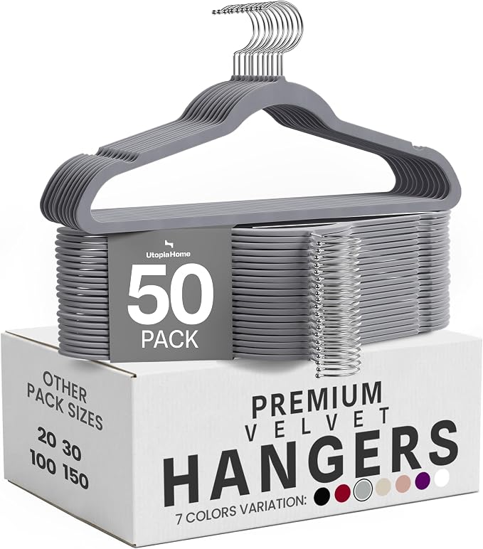 Utopia Home Velvet Hangers, Grey, 50 Pack | Luxury Non-Slip Slim Pant & Coat Hangers, Strong Space-Saving Clothes Hangers with Pants Bar and 360° Swivel Hook