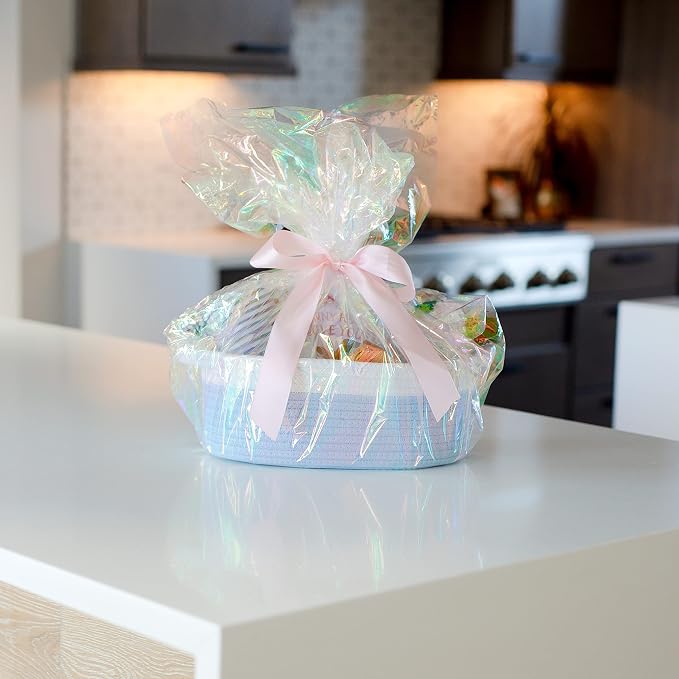 NaturalCozy 3-Piece Oval Storage Basket Set– Cotton Rope Woven Baskets for Storage, Gift Basket Empty, Toy Basket, Soft Baby Basket for Nursery, Cat Dog Toy Baskets, Small Basket (Off White & Blue)