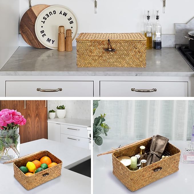Hipiwe Wicker Shelf Baskets Bin with Lid, Handwoven Seagrass Basket Storage Bins Rectangular Household Basket Boxes for Shelf Wardrobe Home Organizer, Caramel Small