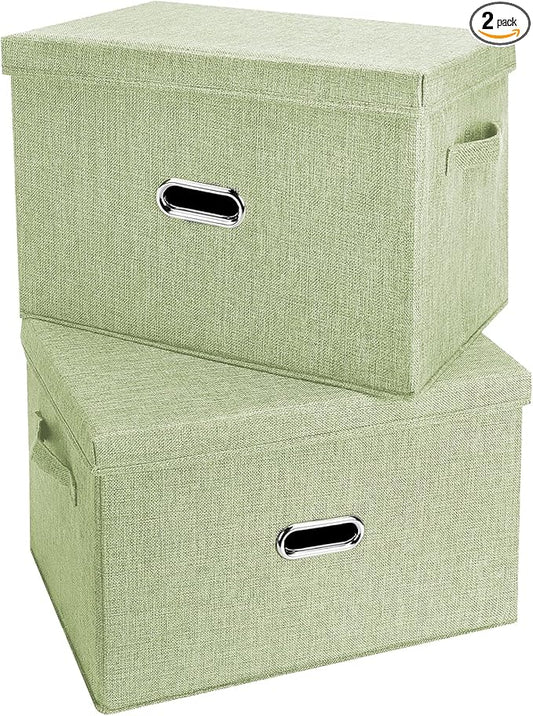 Large Linen Fabric Foldable Storage Bins with Removable Lid and Handles, Washable Storage Box Organizer Containers Baskets Cube with Cover for Bedroom,Closet,Office (Green, Medium(2-Pack))