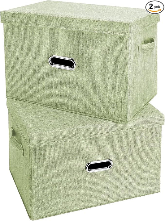 Large Linen Fabric Foldable Storage Bins with Removable Lid and Handles, Washable Storage Box Organizer Containers Baskets Cube with Cover for Bedroom,Office (Green, Extra Large(2-Pack))