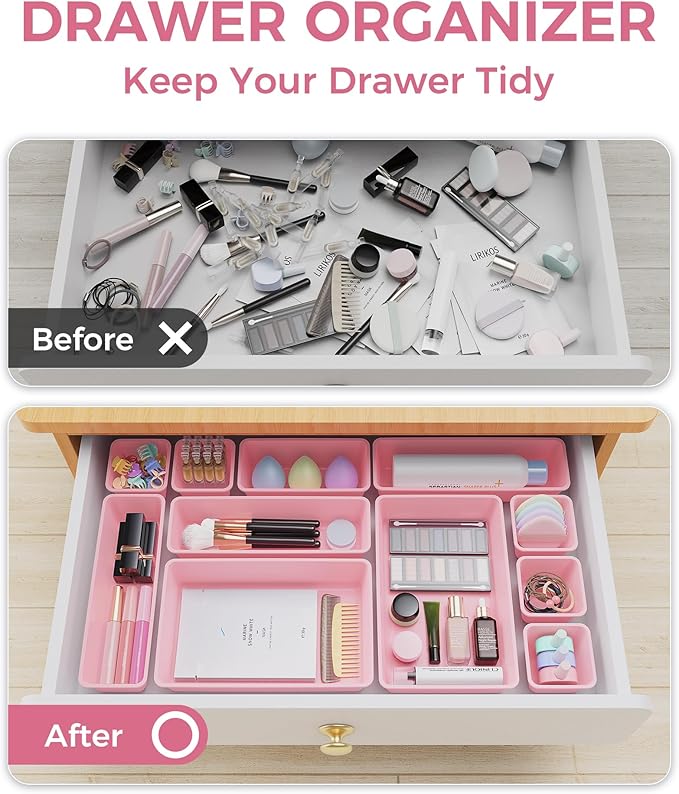 BiuLeon 25 PCS Plastic Drawer Organizers Set, 4-Sizes Vanity and Makeup Organizer, Desk and bathroom Drawer Organizer Trays, Organizers and Storage for Makeup, Jewelry, Gadgets, Utensils (Pink)