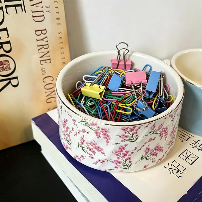 Paper Clip Holder Ceramic Paper Clip Holders Floral Paperclips Holder Dispenser Cute Gold Line Paper Clip Organizer for Desk Binder Clip Holder Bobby Pin Hair Clip Holder Gift for Office Pink Flowers
