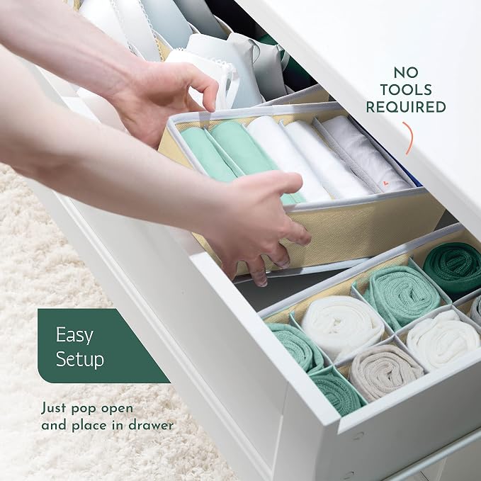 RUBOXA Classic Beige Fabric Drawer Organizer (4 Sizes With 45 Slots) - Foldable Underwear Drawer Organizer - Breathable Bins for Bra, Lingerie, Socks, Scarves, Belt, Tie, Baby Clothes
