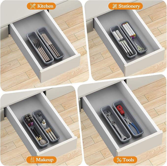 2 Pack Silicone Silverware Organizer, DIY Free Combination Utensil Drawer Organizer, Silverware Drawer Organizer, Flatware Cutlery Tray for Spoons Forks, Anti-slip Design (Grey)