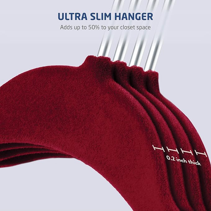 Zober Velvet Hangers with Clips - 20 Piece Set for Pants, Skirts, Suits, Dresses & Shirts - Notched Burgundy Velvet, Non Slip Felt, 360 Degree Hook