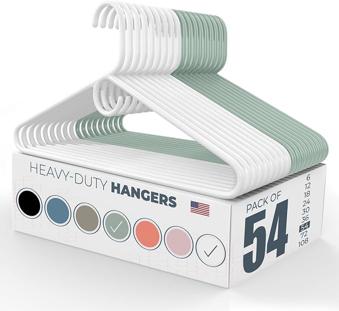 Heavy Duty Clothes Hangers 50 Pack (54 Count) – Made in the USA – 8lb Capacity Plastic Hangers for Adult Clothing – Durable for Pants, Coats, Jackets, or Jeans – White & Mint