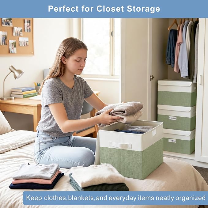 Bagnizer Large 22 Quart Linen Fabric Foldable Storage Bin Cube Organizer Basket with Flip-Top Lid & Handles, Clothes Blanket Box for Home, Office, Closet, Green & White, 4 Pack 14.6 x 9.5 x 9.5