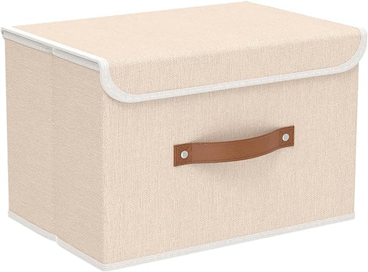 Yawinhe Collapsible Storage Boxes, Linen Fabric Baskets, Bin with lid and Leather Handle, Washable, for Home, Closet, Beige, 17.7''Lx11.8''Wx11.8''H, 1-Pack, USNK024BEX-1