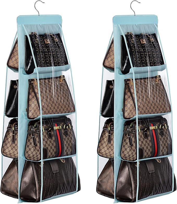 Lirex 2-Pack Handbag Hanging Purse Organizer for Closet, 8 Pocket Handbag Storage Organizer Hanger Oxford Cloth Closet Organizer for Family Closet Bedroom, Foldable and Universal Fit, Light Blue