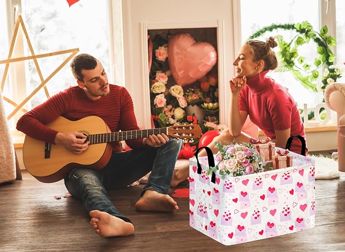 MAIZMZ Empty Gift Basket for Girls Heart Print Storage Cube for Women, Closet Shelf Waterproof Organizer Bins with Handles Nursery hamper Kids Toys Books Box Room Deco