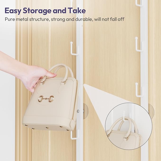 SWTYMIKI Over the Door Purse Organizer - 2 Packs Wall Mounted Purse Rack with 5 Hooks Design, Hanging Handbag Organizer Storage Holds up to 10 Bags, Bag Rack for Closet, Door (White)