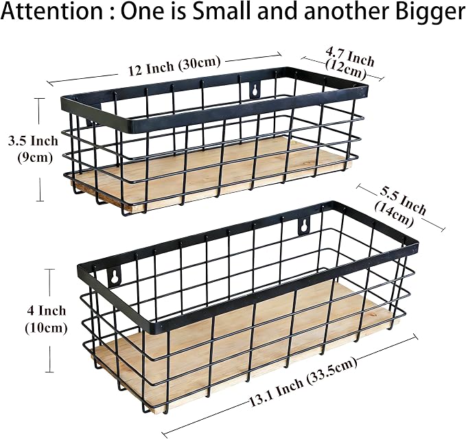 ShabbyDecor Metal Wire Basket for Kitchen Cabinet Pantry Bathroom Set of 2 | Detachable Wood Base, Farmhouse Hanging Basket, Storage Organizer for Kitchen, Cabinet, Bathroom, Pantry, Laundry Room