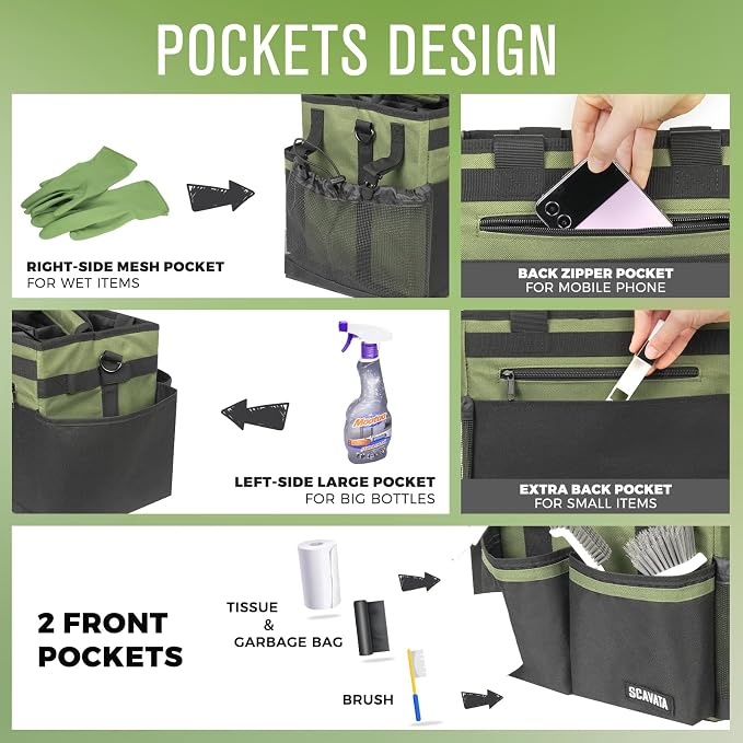 SCAVATA Compact Wearable Cleaning Caddy, Small Cleaning Caddy Supplies Organizer with Handle & Shoulder Straps for Housekeepers, Under Sink & Car Cleaning Tool Organizers Bag (Armygreen)