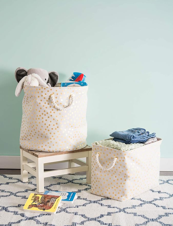 DII Polyester Storage Bin, Gold Metallic Collection Collapsible with Handles, Medium, Natural Off-White