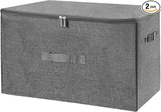 ANMINY 2PCS Storage Bins with Zipper Lids 51.9 Qt Lidded Fabric Storage Boxes Baskets Cubes with Handles Collapsible Washable Cotton Linen Closet Shelf Clothes Organizer - Gray, Extra Large