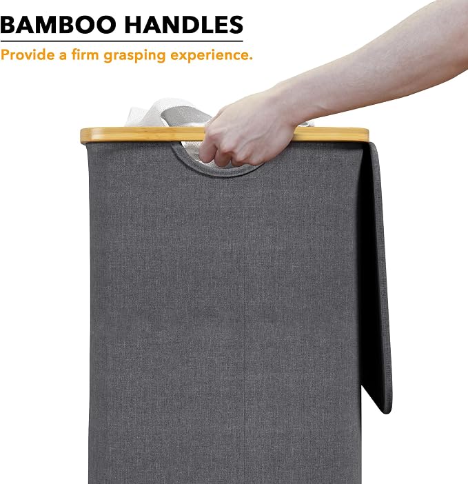 SpaceAid Laundry Hamper with Lid, 110L Large Tall Clothes Basket Bin with Bamboo Handles, Collapsible Laundry Hamper for Bedroom, Bathroom, Dorm, Laundry Room - Grey
