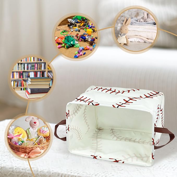 Baseball Decor Storage Basket Waterproof Canvas Toy Storage Bin Baseball Room Decor Collapsible Outdoor Basket with Leather Handles Blanket Baskets For Closets,Bedrooms,Gifts Baskets
