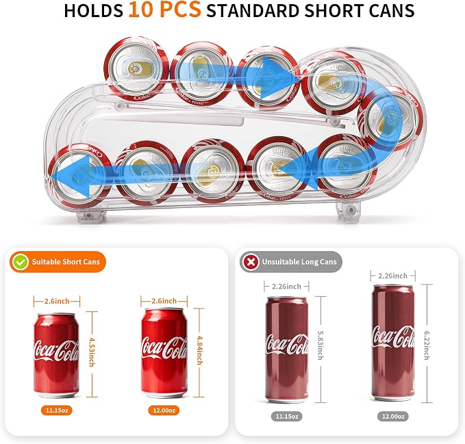 Soda Can Organizer for Refrigerator, Drink Organizer for Fridge, Automatic Rolling Can Dispenser Holder, Organize 10 Pcs Standard 11.15oz or 12oz Short Cans (1 Pack)