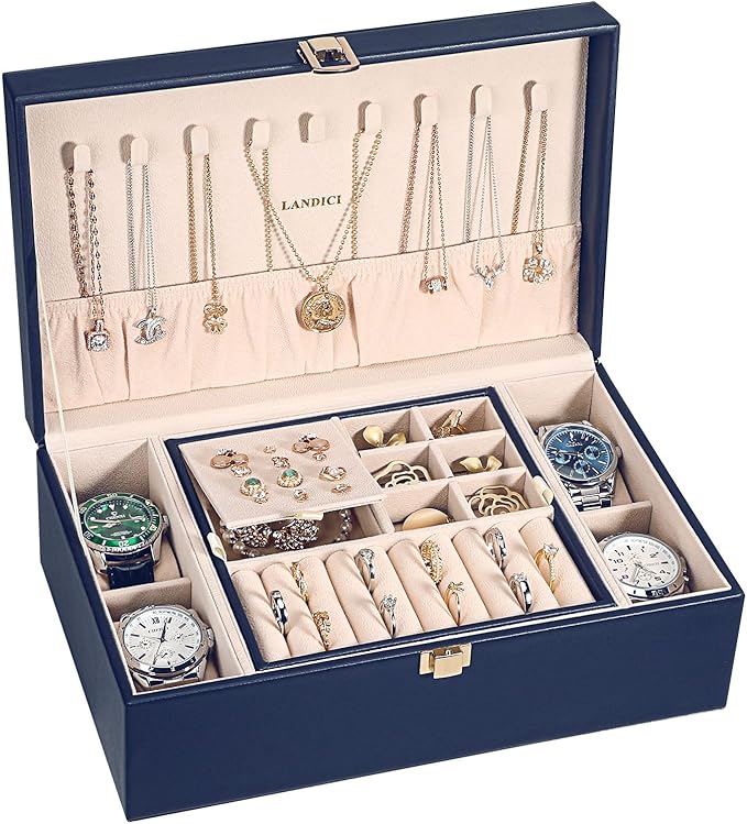 LANDICI Jewelry Box Organizer for Men Women, 2 Layer 4 Slot Watch Storage Case with Removable Tray, PU Leather Large Jewellery Holder Display for Watches Sunglasses Rings Earrings Necklace,Dark Blue