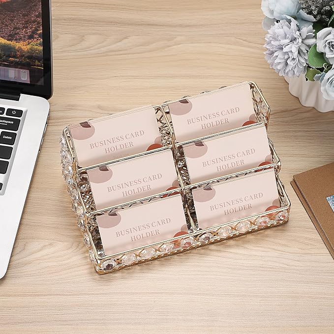 Hipiwe 3 Tiers Crystal Business Card Holder Gold Business Card Display Stand with 6 Slots Name Card Organizer for Office Exhibition Business
