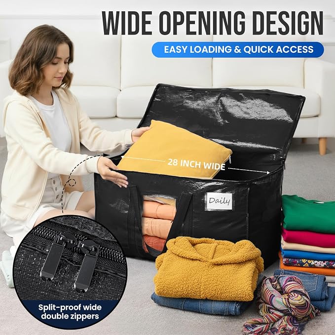 TAILI Extra Large Moving Bags, 12 Pack Black Heavy Duty Totes For Storage with Visible Window, Wrap Around Handles, Storage Bags for Space Saving, Alternative to Moving Boxes