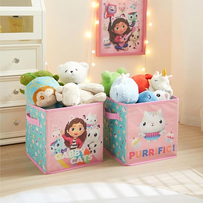 Idea Nuova Gabby’s Dollhouse Set of 2 Collapsible Storage Cubes with Carry Handles, Kids Room & Playroom Organizer Bins, 10” x 10”