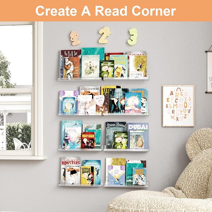 upsimples 10 Pcs 15" Acrylic Shelves for Wall Display and Storage, Clear | Transparent Design Highlights Skincare, Perfume, Easy-to-Find Versatile Floating Shelves for Bathroom, Bedroom and Playroom