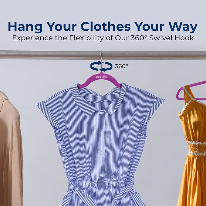SereneLife Velvet Hangers – 200 Pack, Slim & Space Saving for Closets | Soft velvet grip prevents slipping on silk, satin & knitwear – 360° swivel hook fits all standard closet rods