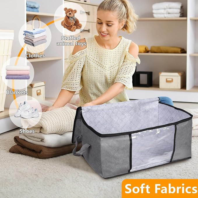 BiCINE 6 Pack Clothes Storage Bags with Zipper, Foldable Blanket Storage Box with Clear Window Reinforced Handles for Closet, Dorm, Pillows, Bedding, Sheet, Comforter, 45L Gray