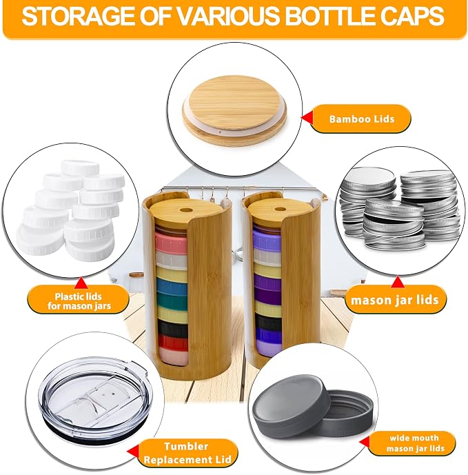 Mason Jar Lid Organizer, Wide Mouth Lid Holder (2pcs, Wide Size) | Mason Jar Lid Storage Made of Bamboo, Stackable Space-Saving Rack, Suitable for Mason/Canning/Bamboo Lids