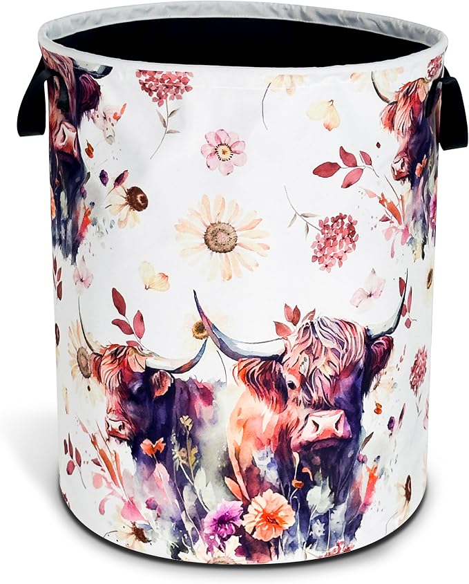 Highland Cow Laundry Basket Cow Animal Foldable Oxford Cloth Funny Tote Bag Laundry Hamper Clothes Storage Bucket Organizer For Bathroom/Laundry Storage/Bedroom 18.9x16.5 Inch