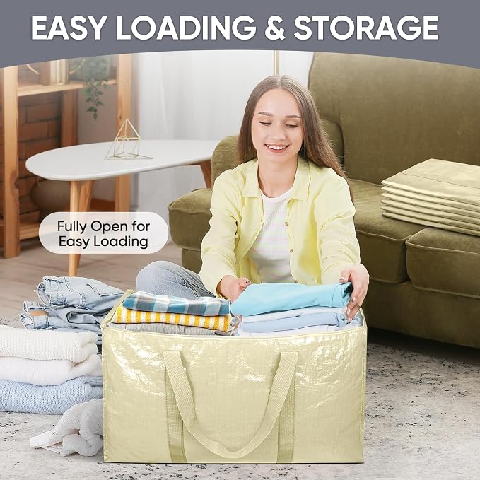 TICONN 4 Pack Extra Large Moving Bags Heavy Duty with Zippers & Carrying Handles, Durable Storage Bags Moving Boxes for Closet Organizers and Storage (4 Pack, Cream)