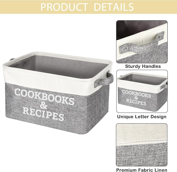 Lukeline Cookbook and Recipe Storage Basket for Organizing, 15.5 x 11.6 x 9.4 Large Storage Basket for Book, Recipe Books, Cookbooks Organizer Bin, Decorative Baskets for Kitchen Counter and Pantry