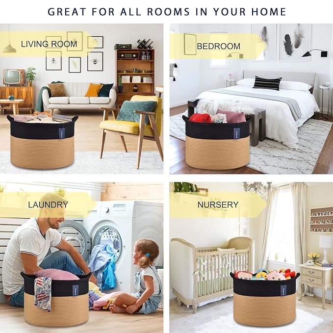 COMSE Extra Large Blanket Basket, Woven Laundry Basket, 21.7”x 13.8”, Nursery Hamper, Cotton Rope Laundry Hamper Living Room for Storage Toys Clothes Towels (Black & Camel)