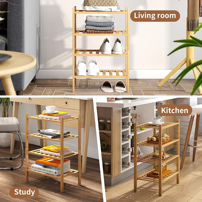 Bamboo Shoe Rack Stackable Shoe Shelf Storage Organizer for Unit Entryway Hallway and Closet Sturdy Freestanding Small Shoe Shelf(4S Tier Natural)